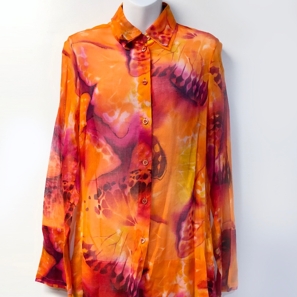 🆕 Escada Orange Semi Sheer Boho Cotton Blouse Shirt Size EU 36